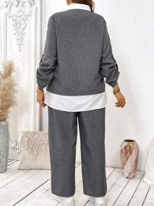 EMERY ROSE 秋季大码女式拼色长袖衬衫和裤子两件套 - 深灰色 - 查看 2