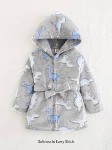 Cozy Pixies Bata con capucha abierta por delante, estampada con dinosaurios de dibujos animados, forro térmico grueso para bebé niño