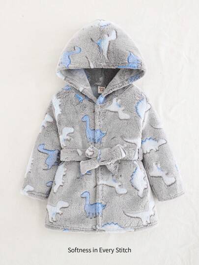 Cozy Pixies Baby Boy Cartoon Dinosaur Printed Hooded Thermal Lined Thick Open Front Robe