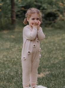 SHEIN Baby Girl Cable 3D Embroidered Ruffled Collar Romper Suitable For Autumn/Winter - Beige - View 1