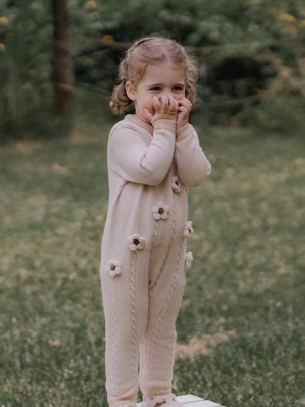 SHEIN Pelele de bebé niña con cuello con volantes bordados en 3D y diseño de cable, apto para otoño/invierno