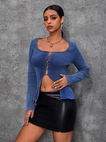 SHEIN ICON Blusa de mezclilla para mujer, estilo callejero sexy, de manga larga, ajustada y elástica, color azul