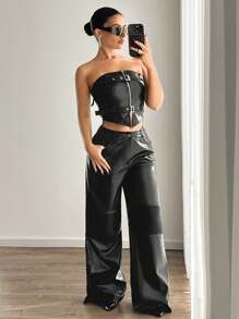 SHEIN ICON Quần ống rộng cạp thấp phong cách đường phố Châu Âu & Mỹ Quần da PU - màu đen - Xem 1