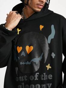 Manfinity NXTstreet Sudadera con capucha casual con estampado de calavera y letras para hombres, sudadera con capucha negra de manga larga con gráficos, para regalos a amigos, esposo, novio, para otoño e invierno - Negro - Ver 4