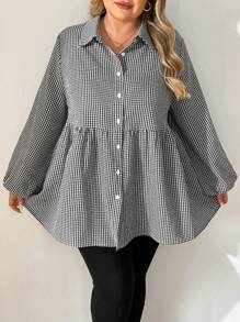 SHEIN CURVE+ Curve Plus Winter  Fall 
 Grid Pattern Lantern Sleeve Loose Cute Doll Shirt - Black and White - View 4