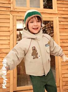 SHEIN Young Boy Casual Street Fashion Daily Wear Letter Print Flap Pocket Zipper Front Hooded Padded Coat, Winter - Apricot - View 4