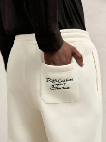 AKNOTIC Business Casual Men Slim Fit Full Length Drawstring Waist Fleece Sweatpants, For Autumn/Winter - White - View 5