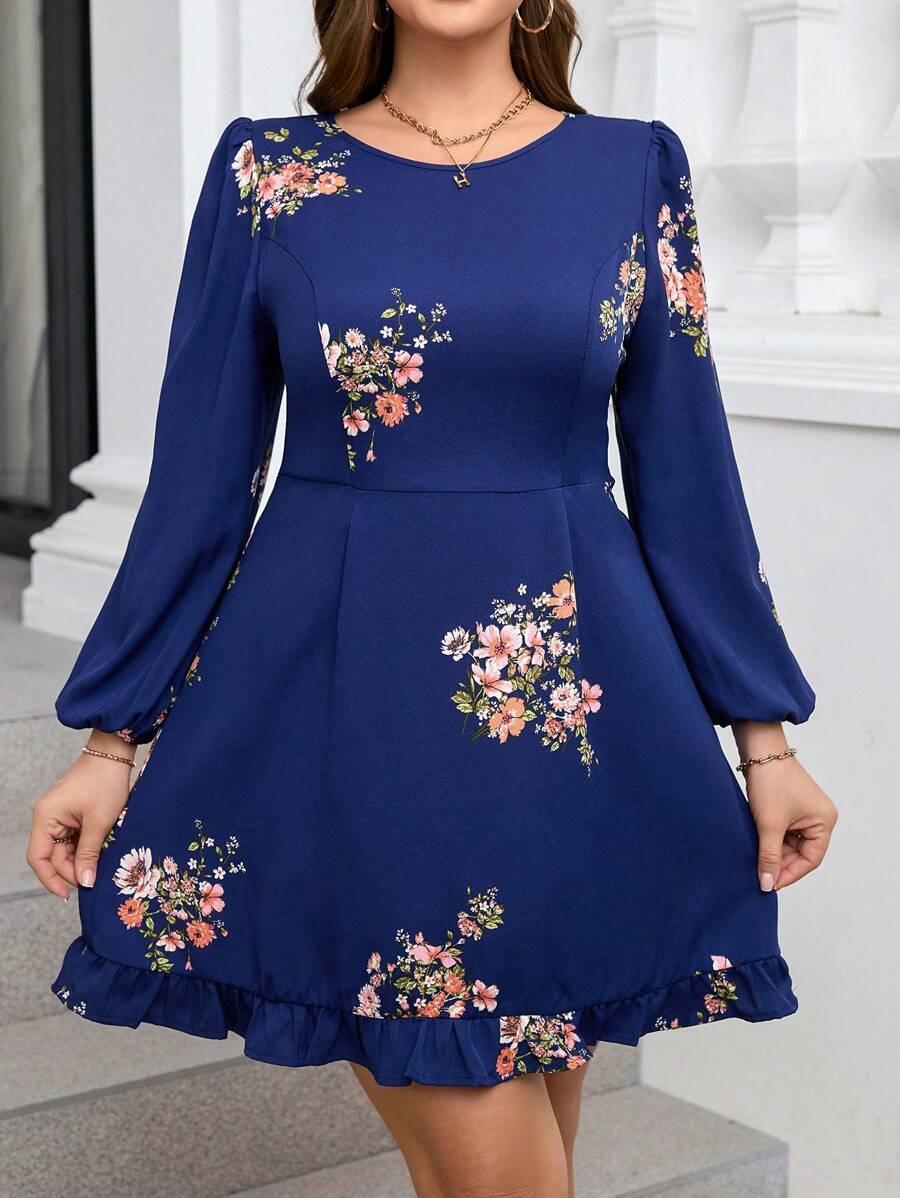 SHEIN Clasi Plus Size Printed Long Sleeve Mini Dress For Women, Autumn - Navy Blue - View 1