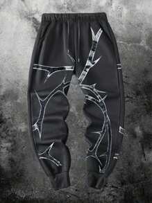 Manfinity Dauomo Quần nỉ thể thao nam họa tiết in họa tiết thường ngày có dây rút buộc ở mắt cá chân, mùa thu - màu đen - Xem 1