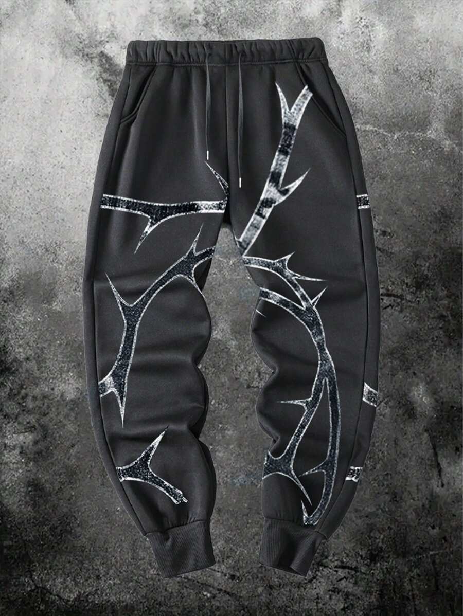 Manfinity Dauomo Quần nỉ thể thao nam họa tiết in họa tiết thường ngày có dây rút buộc ở mắt cá chân, mùa thu - màu đen - Xem 1