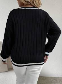 Vionelle Plus Size Women Striped V-Neck Long Sleeve Pullover Sweater, Autumn/Winter Knit Pullover Fall Outfit - Black - View 2