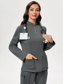 TaskEZ Women's Long Sleeve Collared Multi-Pocket Nursing Uniform Scrub Top - Grey - View 5