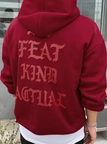 DAZY Men's Letter Print Long Sleeve Drawstring Hoodie Sweatshirt, Autumn - Red - View 2