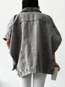 EURMUSE Loose & Casual Half Sleeve Denim Jacket - Black - View 2