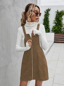 SHEIN LUNE 女士休闲短款拉链前口袋连衣裙灯芯绒女装 - 咖啡棕 - 查看 6