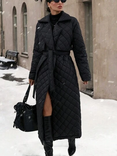 EURMUSE Lapel Neck Detailed Quilted And Belted Long Smart Casual Winter Coat