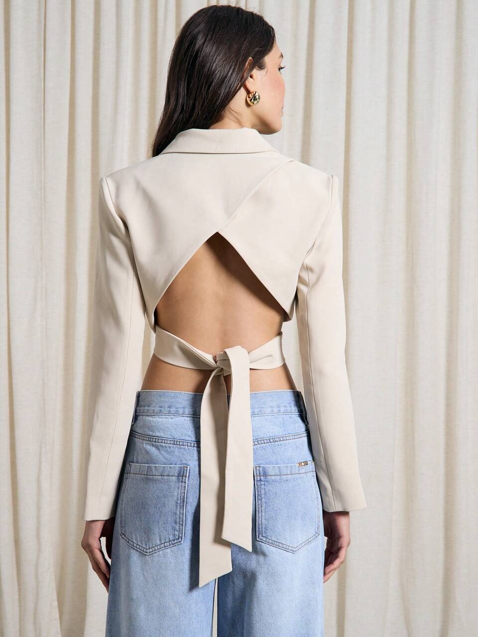 Backless Tie Waist Crop Lapel Long Sleeve Lightweight Blazer