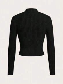 SHEIN EZwear Plus Size Solid Color Stand Collar Long Sleeve Ribbed Minimalist Casual T-Shirt - Multicolor - View 10