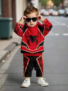 SHEIN Baby Boy Casual Minimalist Loose Comfortable Knit Soft -Style Spider Graphic Print Hoodie And Pants Set, Suitable For Autumn/Winter