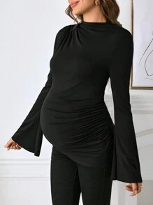 SHEIN Áo thun bà bầu cổ đứng tay loe màu nâu, áo thun bà bầu dáng ôm cho mùa thu - màu đen - Xem 5