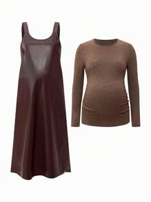 SHEIN Set de 2 piezas Top de manga larga y vestido sin mangas de maternidad - Marrón - Ver 14