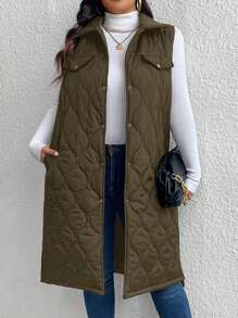 SHEIN LUNE Plus Size Women Single Breasted Long Padded Padded Vest Jacket, Solid Color, For Winter New Years Women Outfit Winter Dresses Winter Clothes Women Rave Outfits Thanksgiving Outfit Women