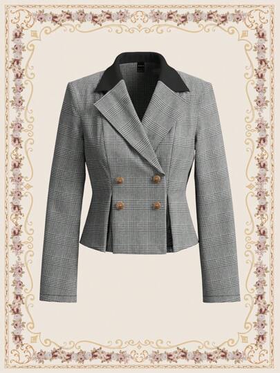 Vintamour 复古优雅女式格子拼布西装外套，平翻领，长袖双排扣压花夹克，休闲与工作服 秋装女上衣 秋季女装 秋季女装 秋季女装 秋季服装 秋季婚礼宾客 冬季女装 长袖女装 冬装 长袖女装上衣 办公室服装 女士冬装