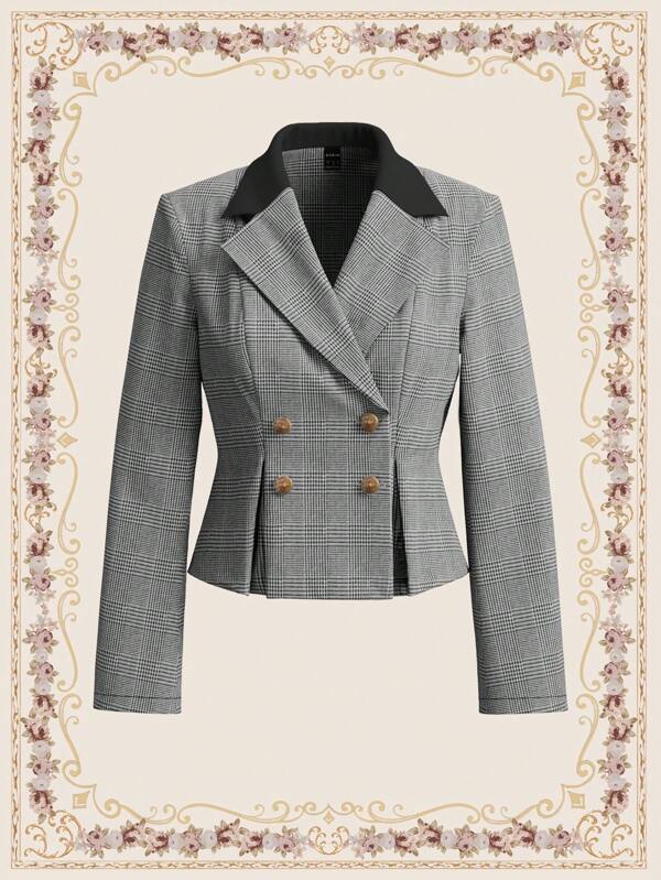 Vintamour 复古优雅女式格子拼布西装外套，平翻领，长袖双排扣压花夹克，休闲与工作服 秋装女上衣 秋季女装 秋季女装 秋季女装 秋季服装 秋季婚礼宾客 冬季女装 长袖女装 冬装 长袖女装上衣 办公室服装 女士冬装