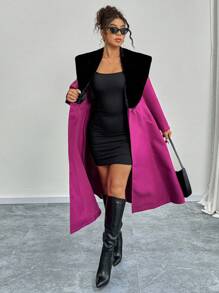 SHEIN Unity Women Plus Size Colorblock Fluffy Collar Double-Breasted Long Overcoat, Autumn/Winter Fall Cloth For Women - Purple - View 9