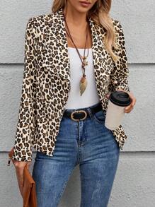 EMERY ROSE 女式秋季豹纹翻领长袖时尚夹克 - 棕色 - 查看 3