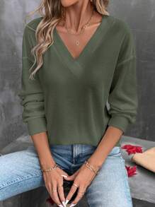 SHEIN LUNE 女士纯色 V 领休闲百搭长袖 T 恤