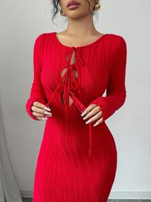 Chiquease 女士优雅修身露肩蝴蝶结装饰针织连衣裙 - 紅色 - 查看 6