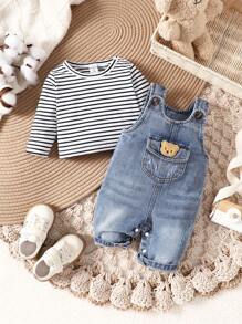 SHEIN Vintaside Kids 嬰兒男童條紋印花長袖上衣和牛仔鬆緊褲套裝