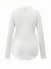 SHEIN 2 件套纯色孕妇纽扣半襟长袖休闲运动 T 恤 - 紅白色 - 查看 4