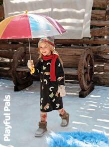 SHEIN 女童提花图案长袖可爱毛衣裙，秋冬 - 彩色 - 查看 3