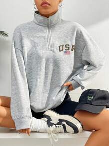 SHEIN EZwear Women's Casual Vintage USA Flag Pattern Loose Fit Half-Zip Hooded Sweatshirt In Fall/Winter - Grey - View 4