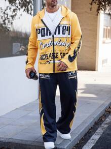 Manfinity LEGND Bộ đồ vest thường ngày in chữ cỡ lớn cho nam có mũ trùm đầu và quần có khóa kéo phía trước, mùa thu - Nhiều màu - Xem 5