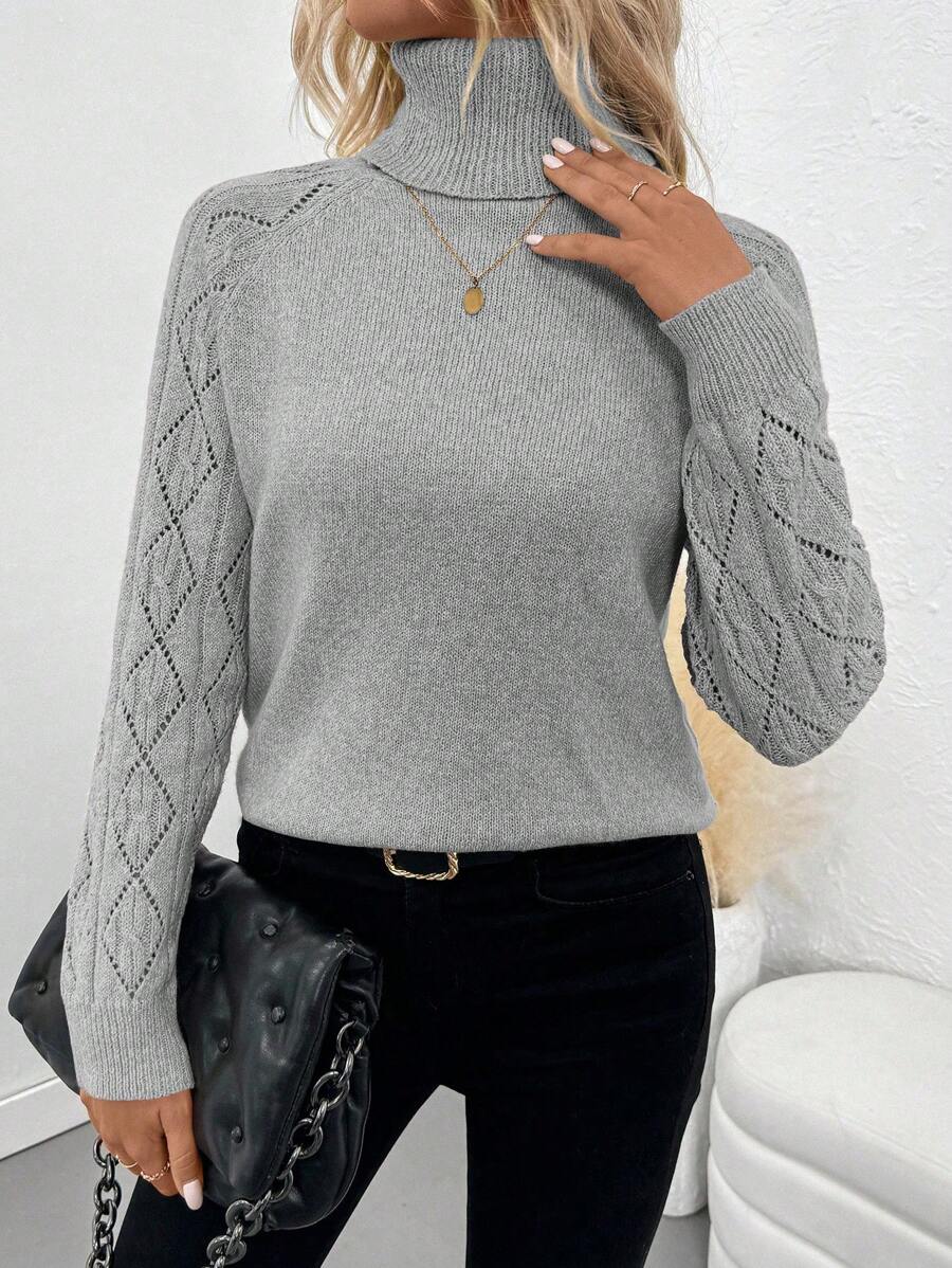 EMERY ROSE Autumn/Winter New Elegant Casual Crochet Pattern High Collar Pullover Sweater With Openwork Shoulder Knit Pullover Fall Outfit - Grey - View 1