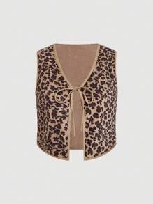 SHEIN MOD Plus Size Leopard Print V-Neck Sleeveless Front Tie Reversible Jacket
