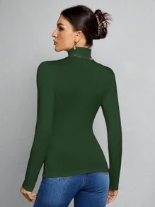 SHEIN Tall Áo thun trắng cổ cao ôm màu trơn đơn giản phù hợp cho mùa thu đông - Màu xanh lá cây đậm - Xem 2