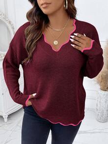 Calvaya Áo len viền sò khối màu cỡ lớn thường ngày, thu/đông - Màu Đỏ Sâu - Xem 5