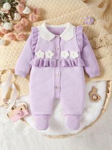 SHEIN Elladie kids Pelele de punto con cuello alto y pies para bebé niña, mono de manga larga con abotonadura a presión, decoración floral con volantes, cómodo y cálido para otoño/invierno, casual/formal, beige/caqui - Morado - Ver 1
