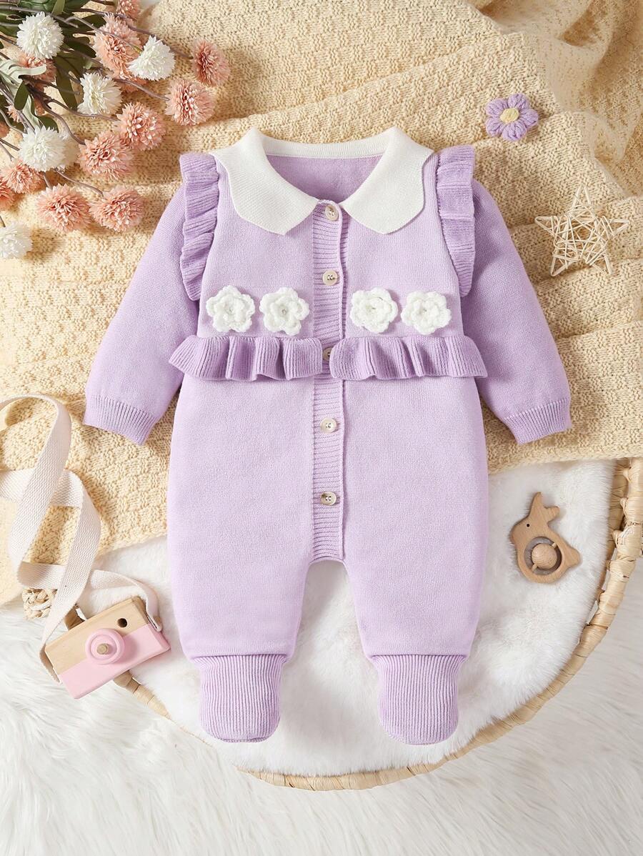 SHEIN Elladie kids Pelele de punto con cuello alto y pies para bebé niña, mono de manga larga con abotonadura a presión, decoración floral con volantes, cómodo y cálido para otoño/invierno, casual/formal, beige/caqui - Morado - Ver 1