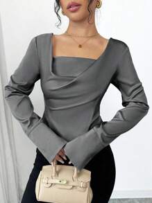 Elenzga Áo cánh tay dài ôm sát, xòe cổ tay thanh lịch, vai trễ - Xám - Xem 3