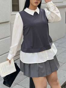 Flirla Preppy Style Campus Return Minimalist Matching Gray With White Patchwork Long Sleeve Shirt, Autumn/Winter - Grey - View 5