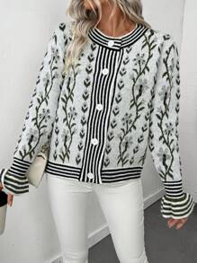 SHEIN LUNE Striped Print Front Button Casual Knit Long Sleeve Cardigan Fall Cloth For Women - Multicolor - View 4