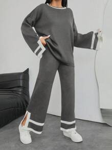 EURMUSE 1pc Contrast Trim Drop Shoulder Sweater & 1pc Knit Pants - Dark Grey - View 6