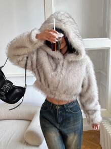 SHEIN EZwear Chaqueta corta con capucha esponjosa de moda para mujer en otoño/invierno - Caqui - Ver 5