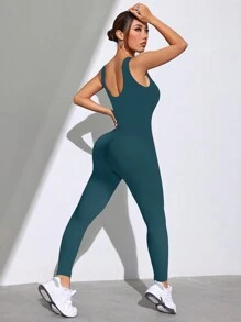 Easithlete Áo ba lỗ bó sát co giãn màu trơn thời trang nữ & quần legging liền thân - Màu xanh lá cây đậm - Xem 4