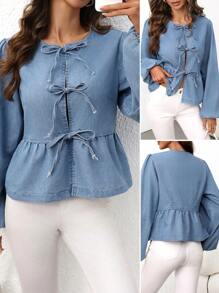 SHEIN Essnce 1 件女士休闲日常前系带灯笼袖牛仔衬衫，秋季
